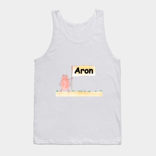 Aron name. Personalized gift for birthday your friend. Cat character holding a banner Tank Top